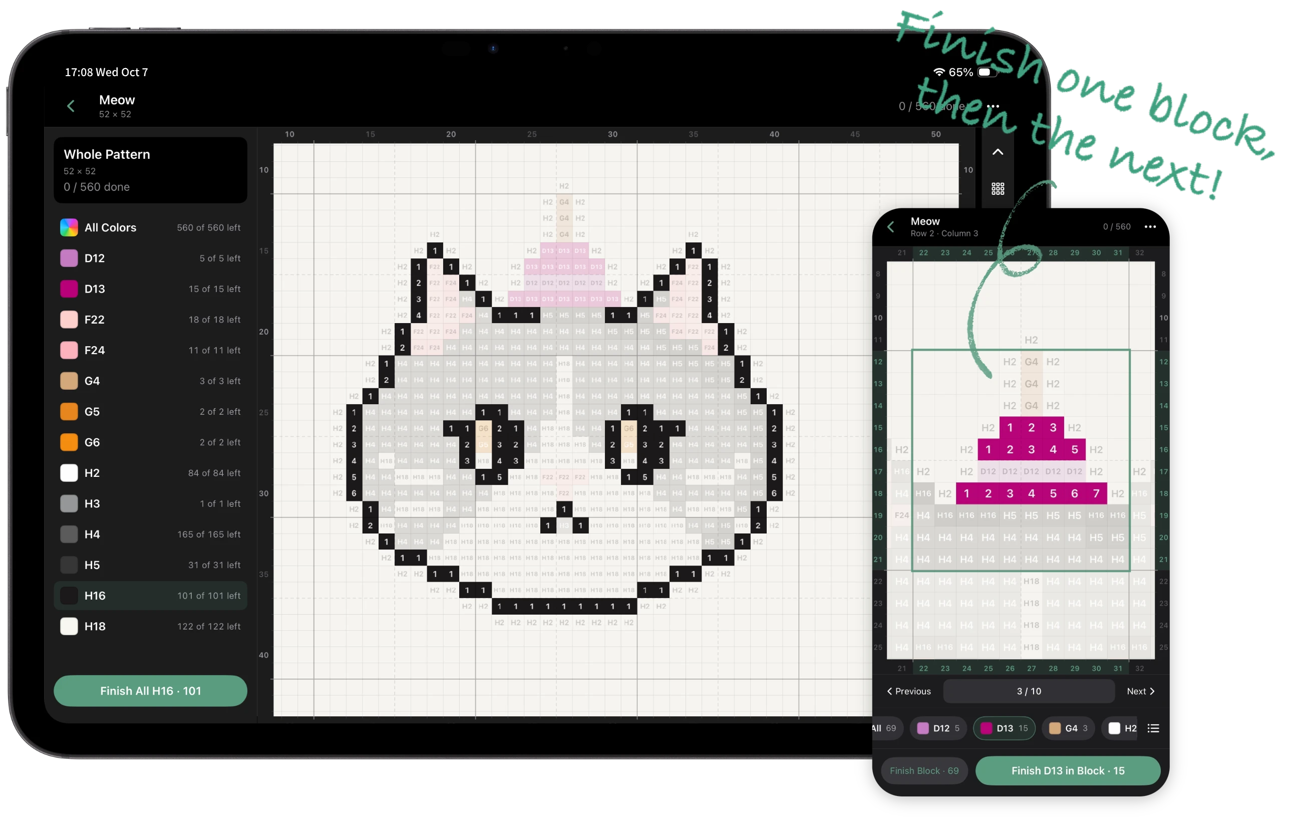 The Handpix beading workspace: on iPad, remaining bead counts by color beside the full pattern with color codes; on iPhone, block-by-block beading with the current block and completion buttons