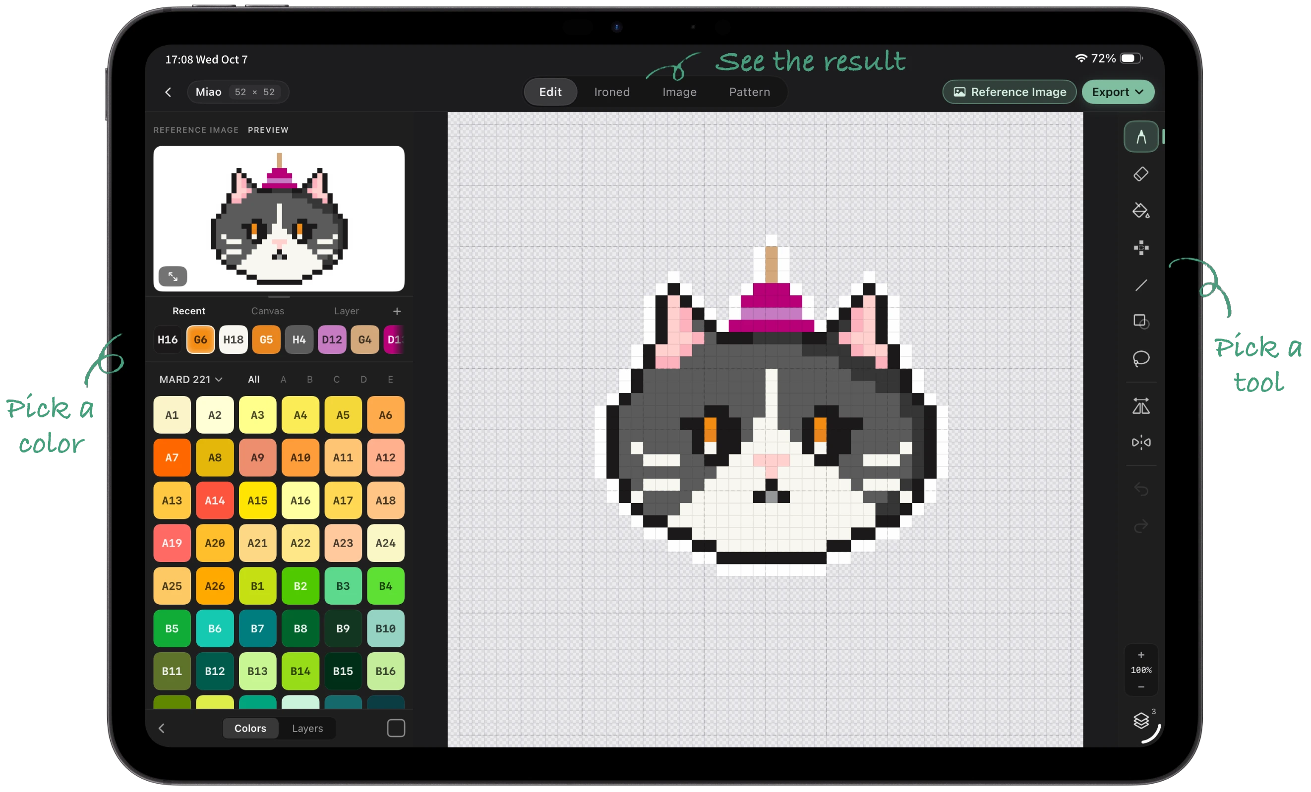 The Handpix editor showing a pixel-art cat, with used colors and the MARD bead palette on the left and the toolbar on the right