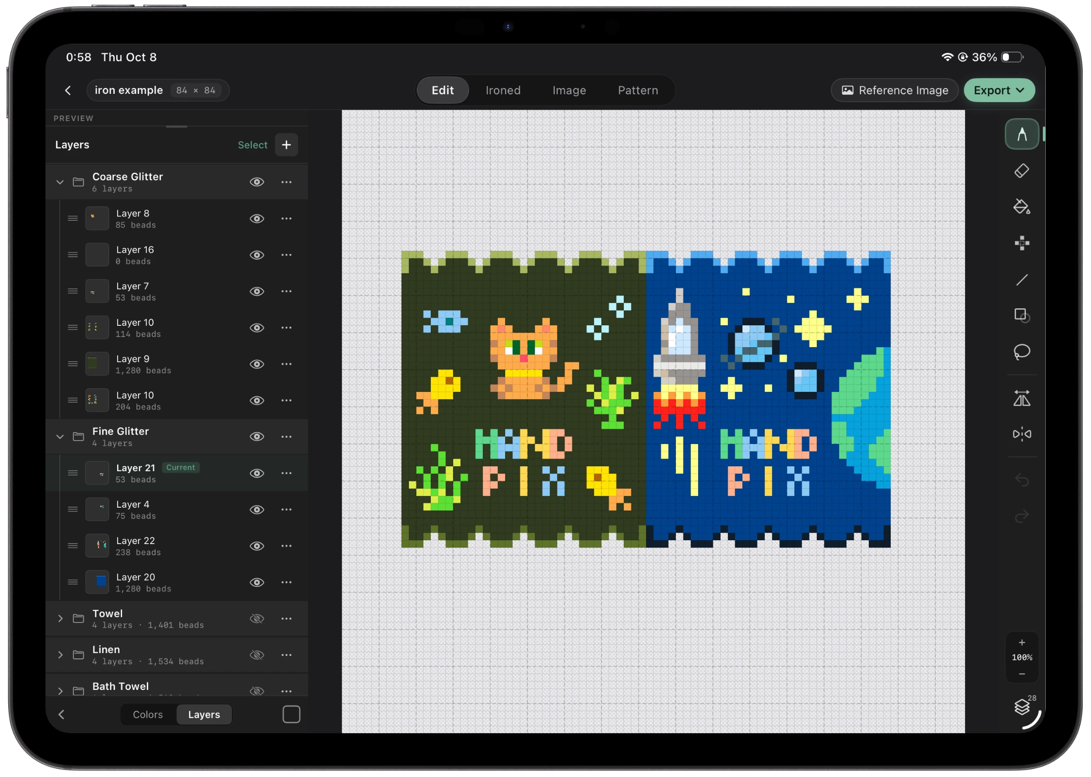 The Handpix editor with layers organized into collapsible groups that can be shown or hidden together, next to a bead artwork canvas