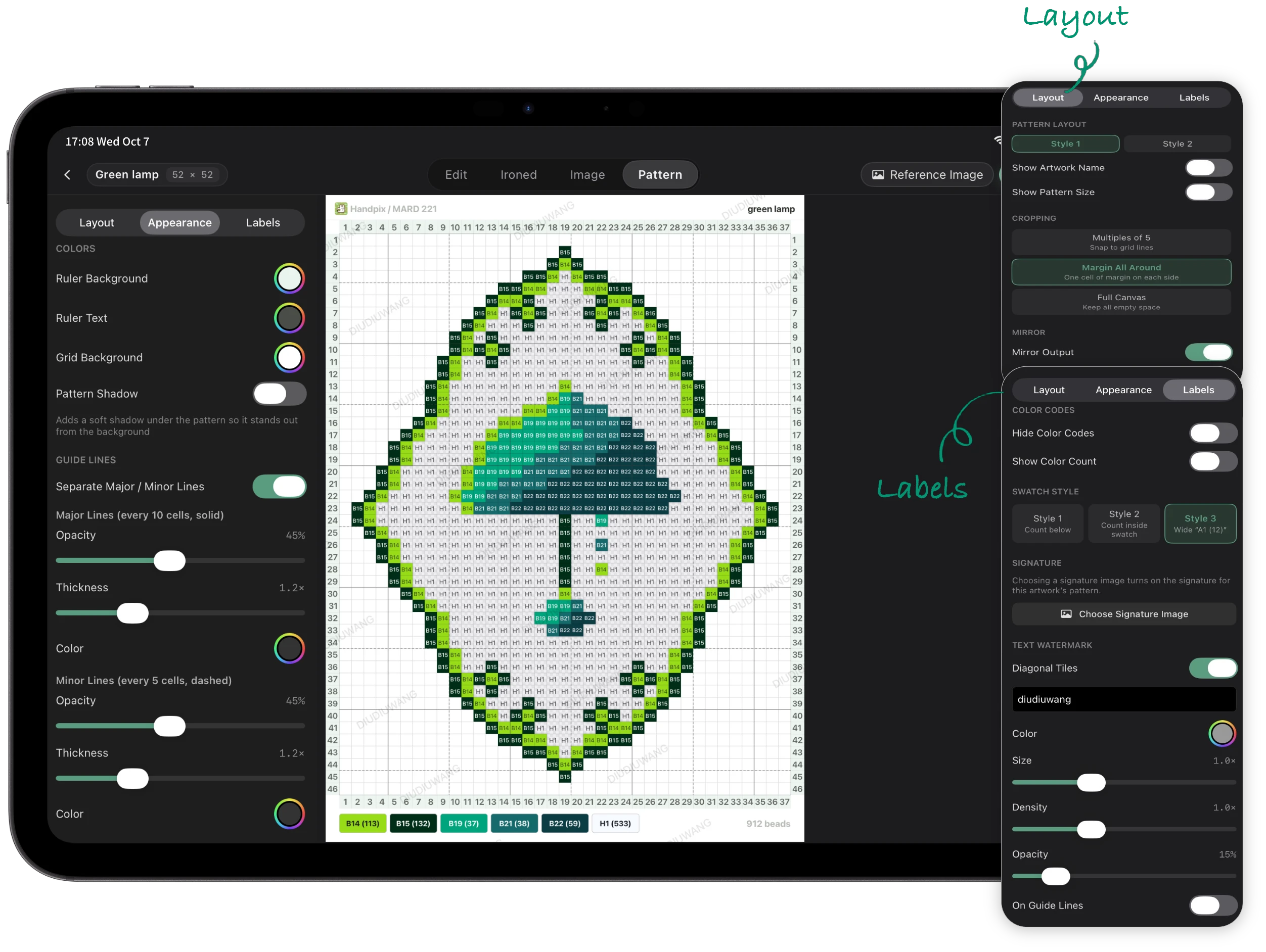 The Handpix pattern view with appearance and annotation settings